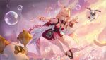  1girl bare_shoulders bent_over benzi_li boots breasts brown_boots bubble commentary_request detached_collar detached_sleeves dress falling_feathers feathers full_body genshin_impact hair_between_eyes heart heart-shaped_pupils highres linnea_(genshin_impact) long_hair looking_at_viewer lumi_(genshin_impact) medium_breasts moonglow_firefly_(genshin_impact) necktie open_mouth outdoors pink_eyes pink_hair pink_wings pointy_ears red_dress red_socks socks solo symbol-shaped_pupils two-tone_wings v water wings 