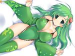  bare_shoulders blush breasts cameltoe cleavage covered_nipples final_fantasy final_fantasy_iv green green_eyes green_hair green_legwear green_leotard hair_ornament hima huge_breasts leotard long_hair looking_at_viewer lying older on_back rydia solo thighhighs wide_hips 