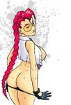  ass braid breasts crimson_viper gloves large_breasts nipples no_bra open_clothes open_shirt panties panty_pull red_hair shirt single_braid solo street_fighter street_fighter_iv_(series) sunglasses underwear 