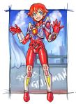  acceptor bangs blue_eyes blue_sky bodysuit breastplate cloud copyright_name cosplay curtains full_body gridman_(ssss) gridman_(ssss)_(cosplay) hibiki_yuuta highres looking_at_viewer male_focus oomasa_teikoku open_mouth outside_border red_hair short_hair sky smile solo ssss.gridman 