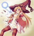  blush breasts clam_curry hat hitodama knights_in_the_nightmare long_hair medium_breasts orange_hair pointy_ears purple_eyes solo striped striped_legwear tears thighhighs torn_clothes witch witch_hat 