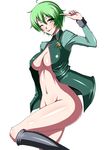  :p ahoge bad_id bad_pixiv_id banned_artist bottomless breasts green_eyes green_hair gundam gundam_00 hilling_care innovator medium_breasts navel one_eye_closed s_tanly short_hair solo tongue tongue_out uniform 