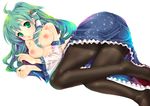  blush breasts detached_sleeves green_eyes green_hair kochiya_sanae large_breasts long_hair lying nipples pantyhose solo teruru topless touhou 