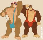 anthro ape areola banana_hammock barazoku big_areola big_nipples bulge clothing confusion donkey_kong_(character) donkey_kong_(series) duo eyewear feet funky_kong gorilla haplorhine hi_res hunnipanda kerchief male mammal muscular muscular_anthro muscular_male nintendo nipples pecs pinup pose prehensile_feet primate smile smirk sunglasses swimwear thick_thighs thong toes underwear