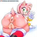  2019 accessory amy_rose anthro anus areola big_butt black_nose boots breasts butt clothed clothing eulipotyphlan eyelashes female footwear gesture gloves green_eyes hair hair_accessory hairband handwear hedgehog looking_at_viewer looking_back mammal matospectoru nipples patreon pink_hair pussy short_hair smile solo sonic_(series) url v_sign 