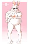  2:3 3_toes anthro areola belly big_belly big_breasts biped black_eyebrows blush border breasts digital_media_(artwork) eyebrows eyelashes female full-length_portrait fur green_eyes hair hi_res kloudmutt lagomorph leporid long_ears long_hair mammal navel nipples nude pink_areola pink_background pink_nipples pink_nose portrait pregnant rabbit signature simple_background solo standing toes white_border white_ears white_fur white_hair 