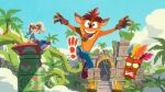 16:9 activision aku_aku anthro bandicoot blonde_hair bottomwear clothed clothing cloud coco_bandicoot colored crash_bandicoot crash_bandicoot_(series) denim denim_bottomwear denim_clothing detailed_background digital_media_(artwork) eyewear eyewear_on_head female female_anthro fingerless_gloves footwear gloves goggles goggles_on_head green_eyes group hair handwear hi_res hyogonosuke jeans looking_at_viewer male male_anthro mammal marsupial open_mouth outside overalls palm_tree pants plant shaded shoes sitting sky sneakers teeth temple tongue tongue_out topless topless_anthro topless_male torch tree trio vines widescreen