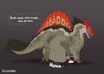 2026 after_vore ambiguous_gender belly belly_squish black_body black_claws black_fur black_hair black_spots black_tail claws dialogue dinosaur duo english_text feral feral_pred fur grey_background grey_body hair hi_res kitdraws prehistoric_species red_body red_eyes red_fur reptile scalie simple_background species_request spots squish tail talking_feral text tongue tongue_out vore watermark