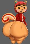 2026 animal_crossing anthro big_butt bottomless breasts buckteeth butt cheek_spots clothed clothing eyebrows eyelashes female fur grey_background hair hazel_(animal_crossing) huge_butt jacket looking_back mamasoyanini mammal nintendo orange_body orange_fur rear_view red_clothing red_hair red_jacket red_topwear rodent sciurid short_hair simple_background small_breasts solo tail tail_aside teeth thick_thighs topwear topwear_only tree_squirrel unibrow