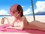  ass beach blue_sky blush bottle breasts brown_eyes brown_hair cloud collarbone cowboy_shot cslucaris day hair_between_eyes heterochromia holding holding_bottle licking_lips long_hair looking_at_viewer lotion_bottle lying medium_breasts multicolored_hair neo_(rwby) nipples on_stomach outdoors pink_eyes pink_hair rwby shiny shiny_hair signature sky tongue tongue_out two-tone_hair watermark web_address 