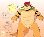 2023 2_horns 3_toes absurd_res accessories_only ambiguous_gender anthro armband arms_bent artist_logo artist_name black_armband black_bracelet black_collar black_eyes blush blush_lines bowser bowser_day bracelet claw_toes claws clenched_teeth closed_smile collar colored curved_horn digital_drawing_(artwork) digital_media_(artwork) dot_eyes dotted_background duo english_description eyebrows eyes_closed fangs featureless_chest featureless_crotch feeniroir feet finger_claws frown furrowed_eyebrows green_body green_scales green_shell hair happy hi_res horn jewelry king koopa larger_anthro larger_male light lighting logo long_tail male male_anthro mario_bros mouth_closed mouthless nintendo no_pupils orange_eyes pattern_background pecs power_star red_eyebrows red_eyes red_hair royalty scales scalie serious_face shaded sharp_teeth shell short_hair simple_background simple_eyes size_difference smaller_ambiguous smile smoke speech_marker spiked_armband spiked_bracelet spiked_collar spiked_shell spiked_tail spikes spikes_(anatomy) star_(mario_bros) star_creature tail tan_body tan_horn tan_scales tan_spikes teeth text thick_eyebrows thick_tail toes white_claws xd yellow_body yellow_scales yellow_tail