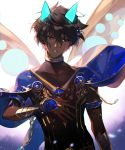  1boy arjuna_alter armor black_eyes black_hair cape dark_skin dark_skinned_male fate/grand_order fate_(series) flowerchorus gloves hair_between_eyes horns indian_style looking_at_viewer male_focus sitting solo wings 