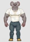 2026 5_fingers abstract_background anthro arm_hair athletic athletic_anthro athletic_male big_ears blue_bottomwear blue_clothing blue_jeans blue_pants body_hair bottomwear clothing colored colored_sketch compression_artifacts denim denim_bottomwear denim_clothing digital_media_(artwork) digital_painting_(artwork) dirty_shirt english_text fingers footwear full-length_portrait hi_res jeans koala larger_male male mammal marsupial mean_look muscular muscular_anthro muscular_male painting_(artwork) pants portrait purplebirdman shaded shirt shoes size_difference sketch solo text topwear vombatiform white_clothing white_shirt white_topwear yellow_clothing yellow_footwear yellow_shoes