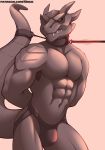  abs absurd_res anthro black_clothing black_scales black_underwear bulge clothing collar dragon hands_behind_back hi_res jockstrap leash male muscular muscular_male pecs portrait scales scalie shiuk simple_background solo three-quarter_portrait underwear 