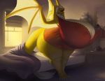  anthro big_breasts big_butt breasts butt clothed clothing dragon female horn huge_breasts huge_butt hyper hyper_breasts hyper_butt inside nipple_outline obese obese_female open_mouth overweight overweight_female solo standing stretching taranima thick_thighs wings yawn 