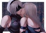  2girls blindfold closed_eyes kiss multiple_girls nier_(series) nier_automata silver_hair yorha_no._2_type_b yorha_type_a_no._2 yuri 