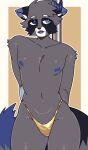 absurd_res anthro big_butt blue_ear_tips blue_eyes blue_lipstick blue_nipples blue_tail_tip butt carpallove clothed clothing dipstick_ears dipstick_tail dragon dragon_horn ear_markings gold_thong golden_underwear heterochromia hi_res hybrid lipstick makeup male mammal markings multicolored_ears mythological_creature mythological_scalie mythology nipples pole procyonid raccoon rivets_(rivetstheblue) scaled_hands scalie skimpy skimpy_underwear solo stripper_pole tail tail_markings thick_thighs wide_hips