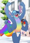  2019 4_arms 5_fingers 6/26 absurd_res alien anthro anthrofied blue_claws blue_fur blue_nose briefs claws clothed clothing disney experiment_(species) eyes_closed fur hi_res lgbt_history_month lgbt_pride lilo_and_stitch male multi_arm multi_limb multicolored_clothing multicolored_shirt multicolored_topwear notched_ear open_mouth open_smile outside pink_tongue pride_colors rainbow_clothing rainbow_flag rainbow_flag_(pride) rainbow_shirt rainbow_symbol rainbow_topwear raised_arm shirt shiuk sleeveless_shirt smile solo stitch tongue topwear underwear white_clothing 