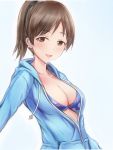  1girl :d bikini blue_background blue_bikini blue_jacket blush breasts brown_eyes brown_hair cleavage collarbone drawstring earrings floral_print gradient gradient_background halterneck hood hood_down hooded_jacket idolmaster idolmaster_cinderella_girls jacket jewelry long_hair long_sleeves looking_at_viewer medium_breasts nannacy7 open_mouth partially_unzipped ponytail smile solo swimsuit takamori_aiko upper_body 