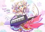  1girl :d arm_up bang_dream! bangs blue_eyes blush bow breasts center_frills commentary_request cowboy_shot dated earrings eyebrows_visible_through_hair frilled_skirt frills gloves hair_bow happy_birthday holding holding_instrument instrument jewelry keytar medium_breasts mizunashi_(second_run) one_side_up open_mouth puffy_short_sleeves puffy_sleeves purple_skirt red_bow shirt short_sleeves skirt smile solo star striped striped_bow thighhighs tilted_headwear wakamiya_eve white_bow white_gloves white_hair white_headwear white_legwear white_shirt 