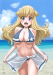  1girl alternate_color beach bikini blonde_hair blue_bikini blue_eyes blue_sky breasts cloud commentary_request cowboy_shot day double_bun fletcher_(kantai_collection) highres horizon kantai_collection large_breasts long_hair looking_at_viewer ocean open_mouth outdoors sarong sarong_lift sky smile solo star star_print swimsuit t2r white_sarong 