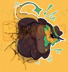 bloatblox bloated bodily_fluids breasts brown_clothing brown_gloves brown_handwear brown_hat brown_headwear cheek_bulge clothing cowboy cowboy_hat cracked_wall frustrated gloves handwear hat headgear headwear hi_res humanoid male overweight overweight_male poncho shadowed_eyes simple_background solo starlo_(undertale_yellow) sweat sweatdrop tail through_wall undertale_(series) undertale_yellow yellow_background yellow_body yellow_tail