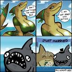 1:1 2026 4_panel_comic absurd_res accessory anthro aquatic banner big_breasts blush blush_lines breasts butt cleavage clothed clothing cloud comic daddy_shark_(mewgenics) dialogue dress duo english_text female feral fin fish flower gills green_clothing green_dress green_headband grey_body grey_skin hat headband headgear headwear hi_res huge_breasts humor lemon_shark male male/female mewgenics mister_feelgood partially_submerged plant requiem_shark scar sea shark slim_female small_waist smile snout speech_bubble tail text text_box top_hat water wedding yellow_body yellow_eyes yellow_skin