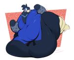 2023 animal_crossing anthro asian_clothing avian beak belly belly_overhang belt big_belly big_moobs bird black_belt black_body black_feathers blue_body blue_clothing blue_feathers blue_robe bodily_fluids boot_(artist) chicken clothed clothing digital_media_(artwork) east_asian_clothing feathers feet fighting_pose front_view galliform hi_res huge_belly huge_hips huge_moobs hyper hyper_belly hyper_hips japanese_clothing ken_(animal_crossing) male martial_arts_uniform moobs morbidly_obese morbidly_obese_anthro morbidly_obese_male nintendo obese obese_anthro obese_male overweight overweight_anthro overweight_male pantsless phasianid pose raised_leg robe rosy_cheeks serious_face solo sportswear sweat sweatdrop talons thick_thighs toes wide_hips yellow_beak