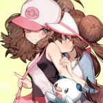  2girls bag bare_shoulders baseball_cap black_vest blush brown_eyes brown_hair commentary_request curly_hair double_bun fangs gen_5_pokemon grey_eyes handbag hat highres long_hair looking_at_another mei_(pokemon) multiple_girls open_mouth oshawott pink_bag poke_ball_symbol pokemon pokemon_(game) pokemon_bw pokemon_bw2 raglan_sleeves shirt sleeveless sleeveless_shirt touko_(pokemon) upper_body vest visor visor_cap white_shirt yellow_background yuri zuizi 