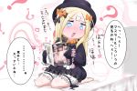  1girl ? abigail_williams_(fate/grand_order) bangs barefoot bed_sheet black_bow black_dress black_headwear blonde_hair bloomers blue_eyes blush bow bug butterfly censored crossed_bandaids dress eyebrows_visible_through_hair fate/grand_order fate_(series) hair_bow hat heart highres holding insect long_hair long_sleeves mosaic_censoring neon-tetora nose_blush on_bed open_mouth orange_bow parted_bangs polka_dot polka_dot_bow pornography seiza sitting sleeves_past_fingers sleeves_past_wrists soles solo translation_request underwear very_long_hair white_bloomers 