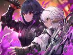  2girls akizone au_ra black_hair breasts commentary eyebrows_visible_through_hair final_fantasy final_fantasy_xiv fingerless_gloves frown gloves gun hair_between_eyes hair_ornament holding holding_weapon horns magic medium_breasts multiple_girls original red_eyes short_hair smile solo weapon white_hair 