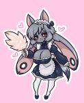 anthro bow_ribbon breasts canid canine canis cleaning_tool cleavage clothed clothing ear_piercing feather_duster female floppy_ears fur gauged_ear grey_body grey_fur grey_hair hair heart_symbol hi_res hybrid jund_(smugjund) lagomorph leporid limebreaker long_tail looking_at_viewer lop_ears maid_uniform mammal piercing pink_background rabbit red_sclera scar simple_background solo tail uniform wolf