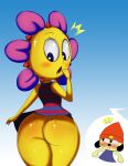 :o accident accidental_exposure anthro beanie big_butt blush butt butt_focus canid canine canis clothed clothing domestic_dog dress duo elemental_creature elemental_humanoid english_description eyelashes female flora_fauna flower flower_creature flower_humanoid freckled_butt freckles gradient_background hat headgear headwear hi_res humanoid looking_at_another looking_back male male/female mammal no_underwear not_furry_focus oddrich open_mouth parappa parappa_the_rapper pattern_clothing pattern_dress pink_petals plant plant_humanoid portrait reaction_shot rear_view shaded shirt short_dress simple_background sirredbenjamin sony_corporation sony_interactive_entertainment standing striped_clothing striped_dress stripes sunny_funny surprised three-quarter_portrait topwear voyeur wide_hips yellow_body