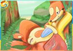 2_tails absurd_res arm_fin bedroom_eyes black_nose blush bodily_fluids border clitoris clothing female fern fin floatzel flotation_sac fur generation_4_pokemon genital_fluids genitals gloves_(marking) hi_res markings multi_tail narrowed_eyes nintendo one_fang orange_body orange_fur outside plant pokemon pokemon_(species) pool_float presenting screamoshaymin seductive swimming_trunks swimwear tail tan_body tan_fur tongue tongue_out tree vaginal_fluids vulva watermark