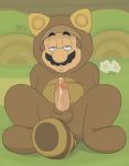  bodily_fluids clothing costume facial_hair flower genital_fluids half-closed_eyes human idrewthis looking_at_viewer male mammal mario mario_bros mustache nintendo outside plant pluvatti precum presenting solo spread_legs spreading tanuki_costume tanuki_mario video_games 