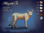 abstract_background african_wildcat akizuki_(pspspsy) ankh black_soles blind disability english_text felid feline felis female feral hi_res japanese_text looking_at_viewer mammal model_sheet pink_nose pspspsy semi-realistic side_view solo standing stripes text whiskers wildcat