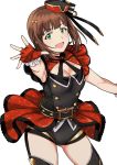  1girl :d amami_haruka armpits bangs black_legwear black_shorts bow breasts brown_hair cleavage cowboy_shot eyebrows_visible_through_hair fingerless_gloves garter_straps gloves green_eyes hair_bow highres idolmaster idolmaster_(classic) looking_at_viewer medium_breasts open_mouth red_gloves short_hair short_shorts shorts simple_background sleeves smile solo standing striped striped_bow thighhighs tsurui white_background 