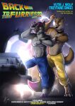 2016 anthro back_to_the_future black_claws black_collar black_nose blue_bottomwear blue_clothing blue_eyes blue_pants bottomwear brown_body brown_fur brown_hair canid canine claws clock clothed clothing collar dated delorean duo electricity english_text eyewear front_view fur glasses grey_body grey_fur hair hi_res hufnaar male male_anthro mammal pants purple_hair purple_nose short_hair signature standing text toe_claws topless watch white_body white_fur wristwatch yellow_bottomwear yellow_clothing yellow_eyes yellow_pants