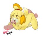  absurd_res animal_crossing anthro barefoot bent_over bodily_fluids breast_squish breasts canid canine canis clothing disembodied_penis domestic_dog fellatio female fur genital_fluids group group_sex hi_res hot_dogging isabelle_(animal_crossing) legwear lips male male/female mammal medium_breasts nagainosfw nintendo nude oral penile penis precum sex simple_background solo_focus squish thigh_highs threesome video_games white_background yellow_fur 