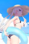  1girl beach bikini black_bikini blue_eyes blue_sky blurry blurry_background breasts cloud covered_nipples cowboy_shot day floating_hair food hat holding holding_food ice_cream innertube long_hair ocean original outdoors popsicle silver_hair sky small_breasts solo soshina_nohito standing straw_hat sun_hat swimsuit tongue tongue_out transparent twintails very_long_hair yellow_headwear 