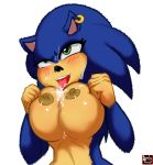  anthro big_breasts blue_fur blush bodily_fluids breast_grab breasts crossgender cum cum_on_breasts eulipotyphlan female fur genital_fluids green_eyes grope hand_on_breast hedgehog huge_breasts lewdy_toons mammal nipples nude oddrich open_mouth piercing simple_background sonic_(series) sonic_the_hedgehog tongue tongue_out white_background 