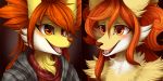  2017 2:1 ambiguous_gender anthro bust_portrait canid canine clothing cute_fangs delphox duo female fluffy fur hair mammal nintendo open_mouth orange_eyes orange_hair orange_nose pok&eacute;mon pok&eacute;mon_(species) portrait sweater tan_fur tiaamaito tongue topwear video_games white_fur 