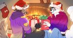 anthro canid canine canis christmas christmas_clothing christmas_decorations christmas_headwear clothing duo fireplace gift_wrapped headgear headwear hi_res holidays hyena looking_at_another male mammal smile wolf yuwi-cyu