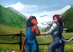 2017 absurd_res ambiguous_feral ambiguous_gender anthro beard black_nose blue_clothing blue_eyes blue_mane blue_overalls blue_sky bovid bovine cattle clothed clothing cloud dated duo_focus ear_piercing ear_ring facial_hair felid fence feral fur gloves_(marking) grass grey_body grey_clothing grey_fur grey_overalls group hair hi_res hufnaar lion male male_anthro mammal mane markings mountain mouth_closed open_mouth open_smile outside overalls pantherine piercing plant red_beard red_body red_facial_hair red_fur red_hair ring_piercing shirt signature sky smile standing t-shirt topwear tree whiskers white_clothing white_shirt white_t-shirt white_topwear yellow_eyes