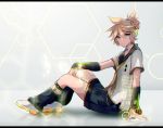  1boy arm_warmers bass_clef belt black_collar black_legwear blonde_hair blue_eyes collar commentary ei_flow english_commentary expressionless full_body hand_on_own_knee headphones hexagon holographic_interface kagamine_len kagamine_len_(vocaloid4) leg_warmers looking_at_viewer male_focus necktie parted_lips sailor_collar school_uniform shirt shoes short_hair short_ponytail short_sleeves shorts sitting solo spiked_hair vocaloid white_shirt yellow_neckwear 