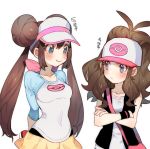  2girls arms_behind_back bag blue_eyes blush brown_hair collarbone crossed_arms double_bun hair_bun hat holding holding_poke_ball looking_at_another mei_(pokemon) multiple_girls poke_ball poke_ball_(generic) pokemon pokemon_(game) pokemon_bw pokemon_bw2 pokemon_masters ponytail pout smile touko_(pokemon) translation_request twintails upper_body vest visor_cap wristband zuizi 