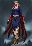 absurd_res accipitrid accipitriform anthro avian avian_feet beak bird blonde_hair blood blood_on_hand blood_splatter bodily_fluids cape cel_shading city city_background claws clothing crossgender digital_drawing_(artwork) digital_media_(artwork) eagle feet female flying fur_boy7 hair harpy_eagle hi_res homelander_(the_boys) hovering laser laser_eyes long_hair shaded slim solo superhero superhero_costume talons the_boys_(series) toes