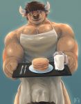  anthro apron balls blue_eyes bodily_fluids bottle bovid bovine brown_fur brown_hair bulge cattle clothing cutlery food fork fur hair horn kitchen_utensils knife m7 male mammal milk muscular muscular_male open_mouth open_smile pancake simple_background smile solo sweat tools tray vein 