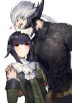  1boy 1girl akizone au_ra bangs black_hair black_sweater blush breasts closed_eyes commentary dress eyebrows_visible_through_hair final_fantasy final_fantasy_xiv heart highres horns long_sleeves looking_at_another scales short_hair simple_background small_breasts smile sweater white_background white_hair 