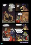 6_panel_comic abs all_fours angry anthro armor beaten_up blonde_hair blood blood_on_hand blue_body blue_hair bodily_fluids bottomwear breastplate bruised bruised_eye canid canine canis clothed clothing club_(weapon) cobby_(vju79) comic cougar dialogue dragon english_text evil_grin felid feline fist fist_in_palm footwear green_body green_eyes grey_hair group gun hair head_horn hi_res holding_club holding_gun holding_melee_weapon holding_object holding_ranged_weapon holding_weapon horn male mammal melee_weapon multiple_scenes muscular mythological_creature mythological_scalie mythology name_in_dialogue nipples one_ear_up one_eye_closed page_number pain pants pauldron pecs profanity ranged_weapon red_armor revenge scalie scared shaking shoes sitting sitting_on_ground smile spiked_club text thought_bubble threatening_with_weapon topwear torch trembling underwear underwear_only url vest vju79 weapon wingless_dragon wolf wounded yelling zudrec_(vju79)
